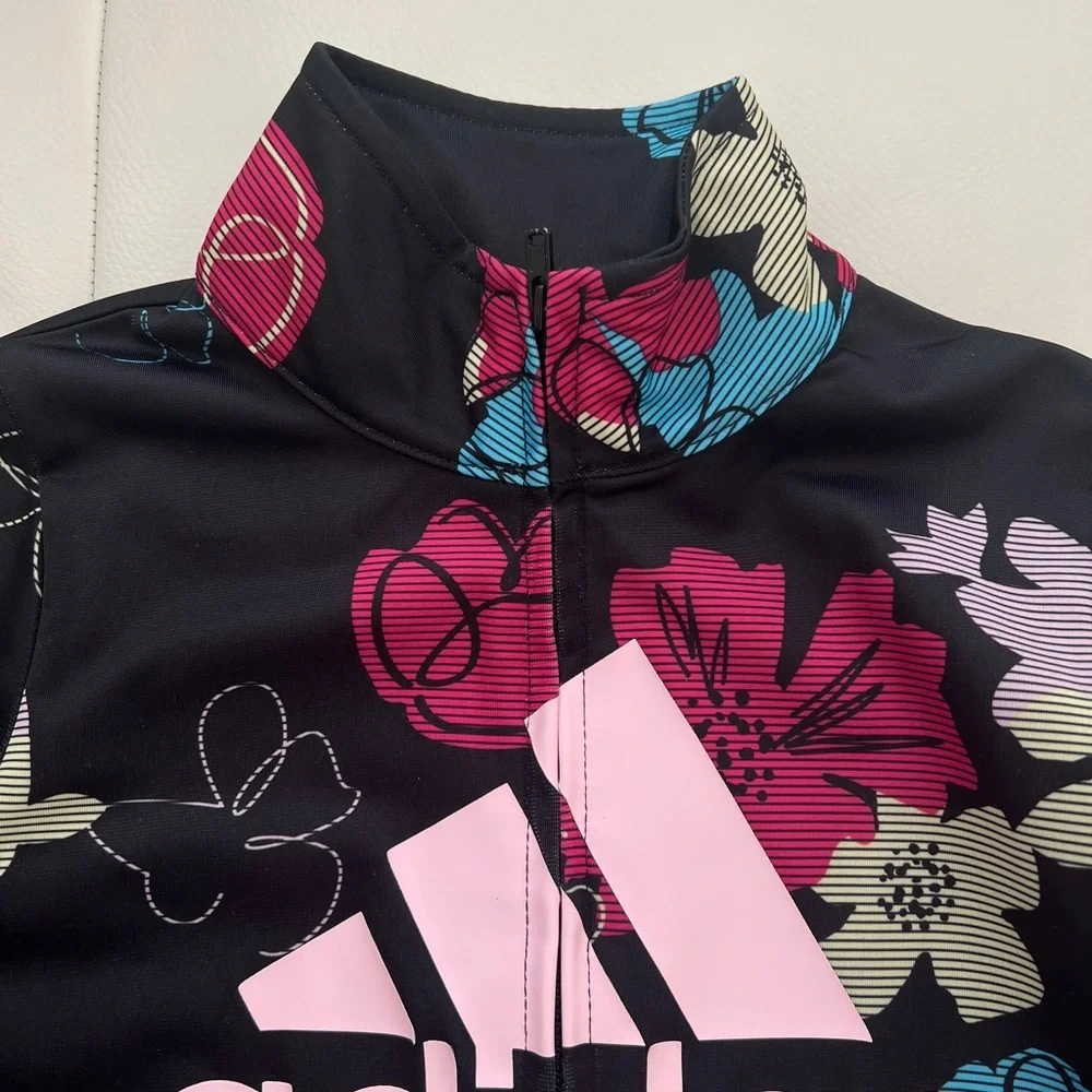 Size 5 Kids Adidas Black Jacket with Multicolor Floral Design - Picture 3 of 8